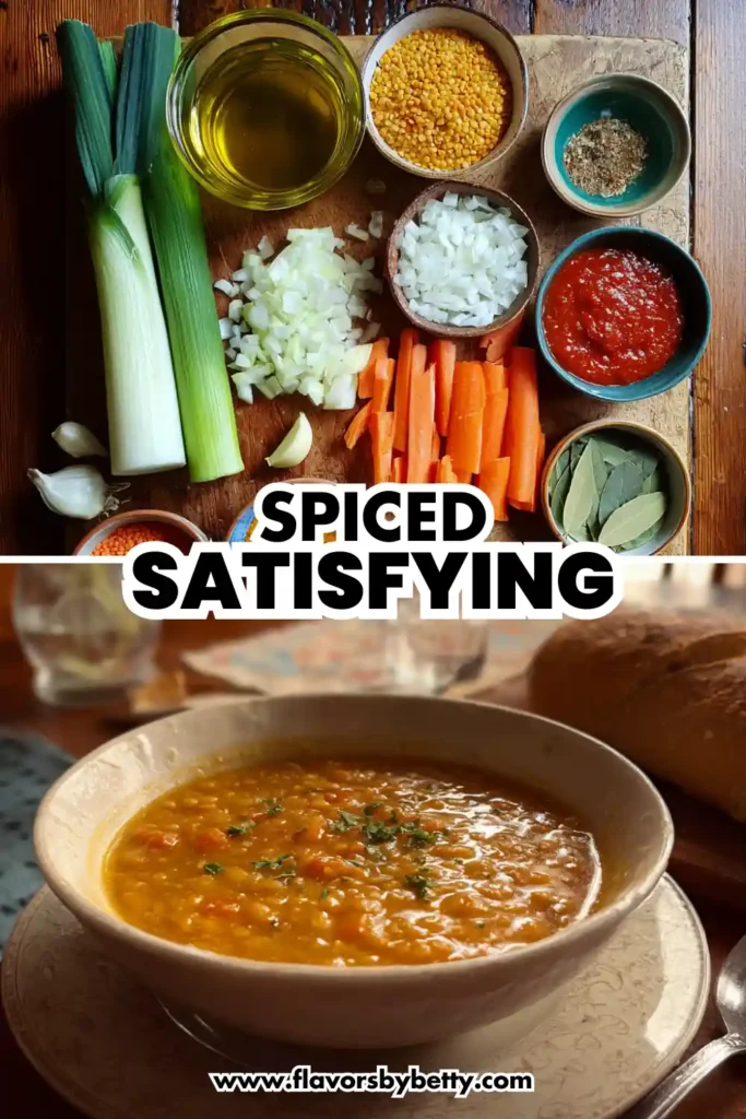 Spiced Lentil Soup | Protein‑Powered Cozy Comfort 4 ingredients for spiced lentil soup with leeks, garlic, lentils, carrots, spices, and finished soup bowl