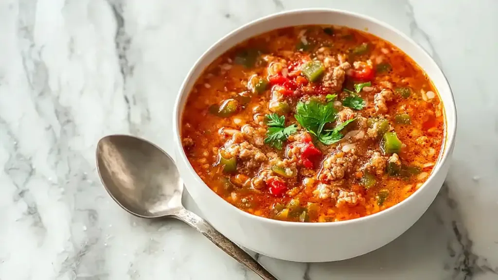 hearty stuffed pepper soup with ground beef, bell peppers, and rice in tomato broth