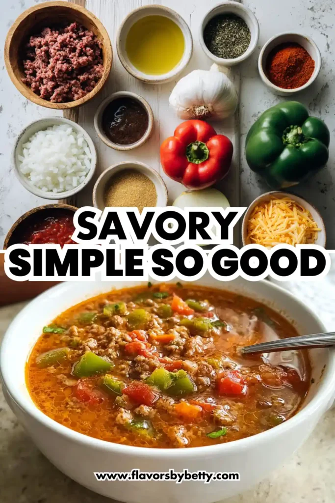 Protein-Packed Stuffed Pepper Soup: Savory, Hearty, Family‑Tested 2 top-down view of stuffed pepper soup ingredients and finished bowl with text overlay "Savory Simple So Good"