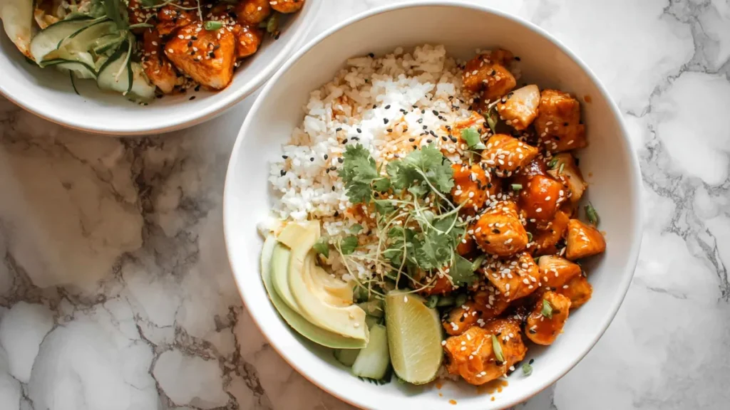 Hot Honey Chicken and Rice Bowls 4 Hot honey chicken and rice bowls garnished with fresh herbs