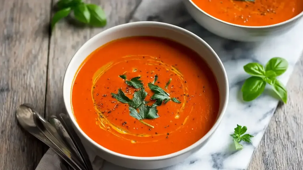 creamy tomato soup in white bowl with basil, parsley garnish, and olive oil drizzle