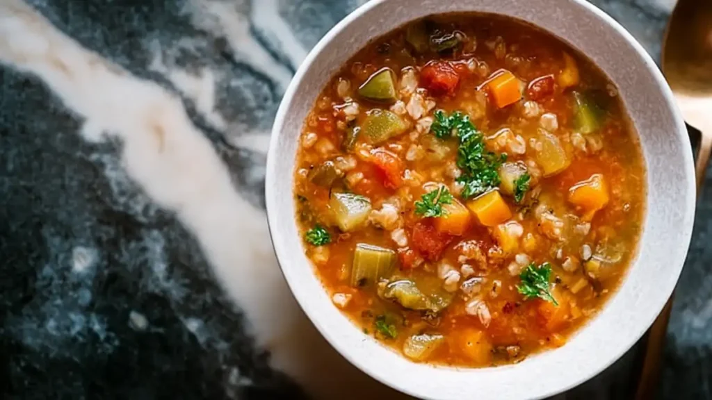 Farro Soup 5 hearty vegetable barley soup with carrots, celery, tomatoes, and parsley in a white bowl