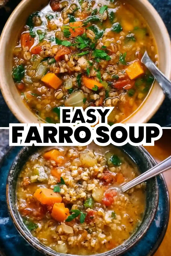 Farro Soup 7 two bowls of hearty farro soup with carrots, celery, tomatoes, and parsley topped with bold “Easy Farro Soup” text