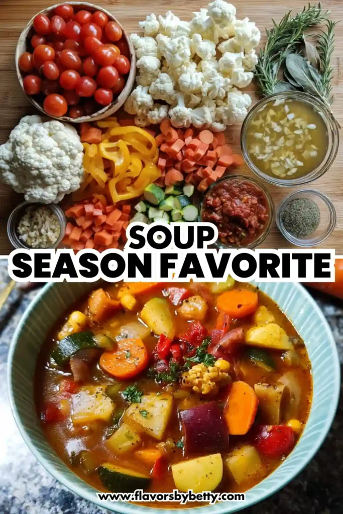 Cozy Harvest Vegetable Soup for Protein‑Powered Comfort (High‑Protein, Everyday Favorite) 4 colorful vegetable soup with carrots, zucchini, potatoes, and tomatoes in a bowl with fresh ingredients