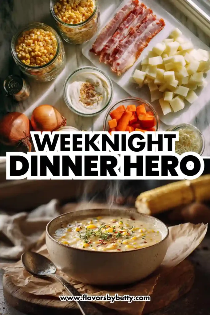 Protein-Powered Corn Chowder: Creamy, Satisfying, Everyday Comfort 5 hearty corn chowder with crispy bacon, creamy broth, and fresh vegetables labeled as weeknight dinner hero