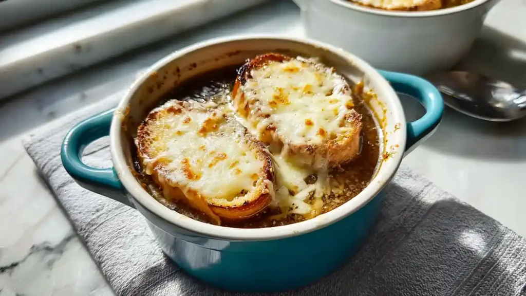 Rich and Simple French Onion Soup 4 classic french onion soup topped with toasted baguette slices and melted gruyère in blue ramekin