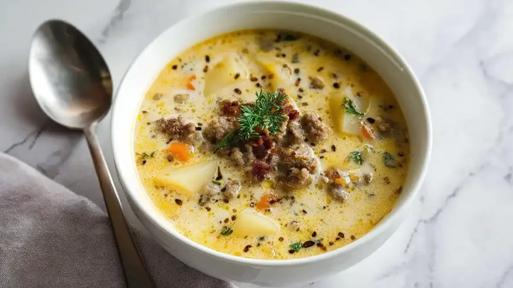Sausage Potato Soup 3 Bowl of creamy sausage and potato soup with herbs and vegetables