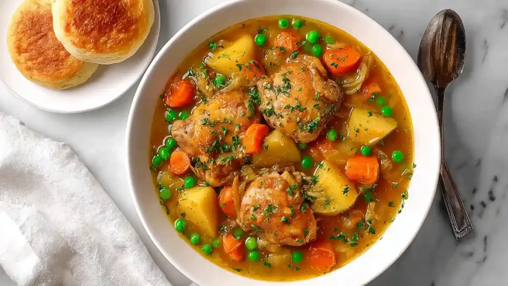 Slow Cooker Chicken Stew 4 hearty chicken stew with potatoes, carrots, and peas in white bowl with biscuits