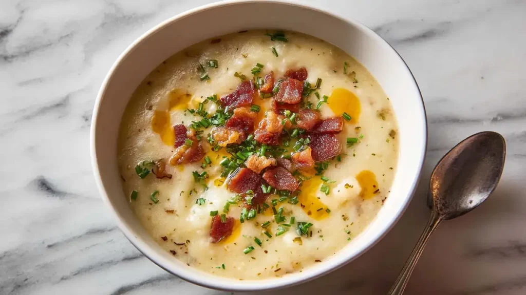 Absolutely Ultimate Potato Soup 4 creamy potato soup topped with crispy bacon bits, chives, and melted butter