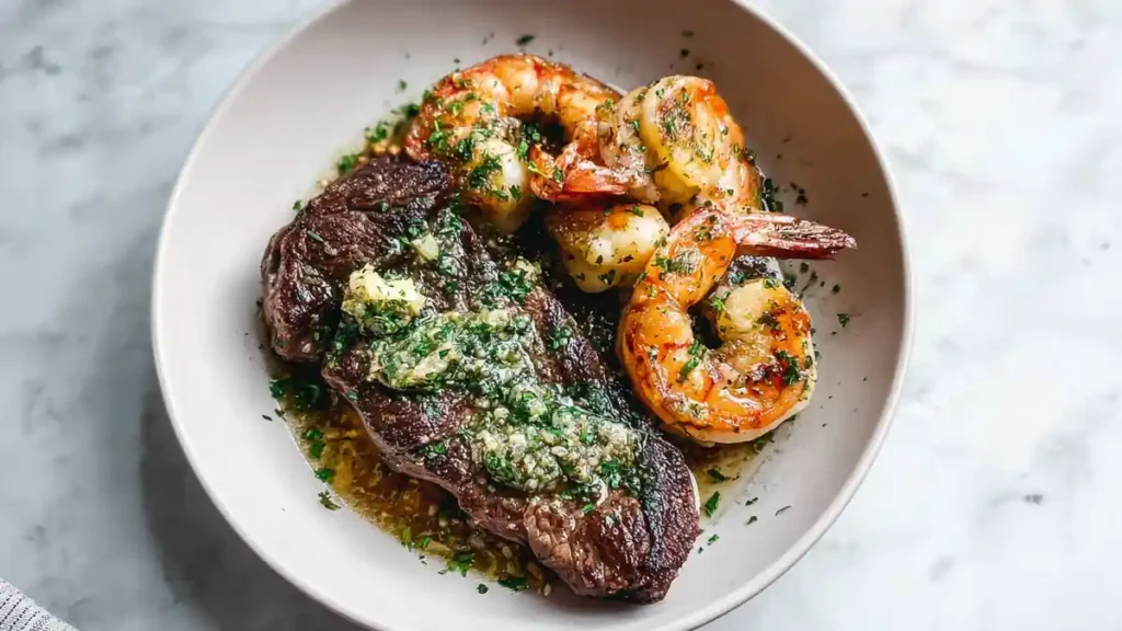 Garlic Butter Skillet Steak and Shrimp 4 grilled steak and shrimp drizzled with garlic herb butter on white plate