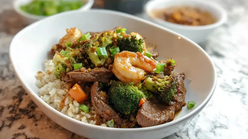 Steak and Shrimp Stir Fry 4 stir fry bowl with beef, shrimp, broccoli, carrots, and rice topped with scallions
