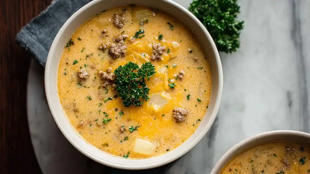 Creamy hamburger soup with cheddar cheese and potatoes topped with parsley