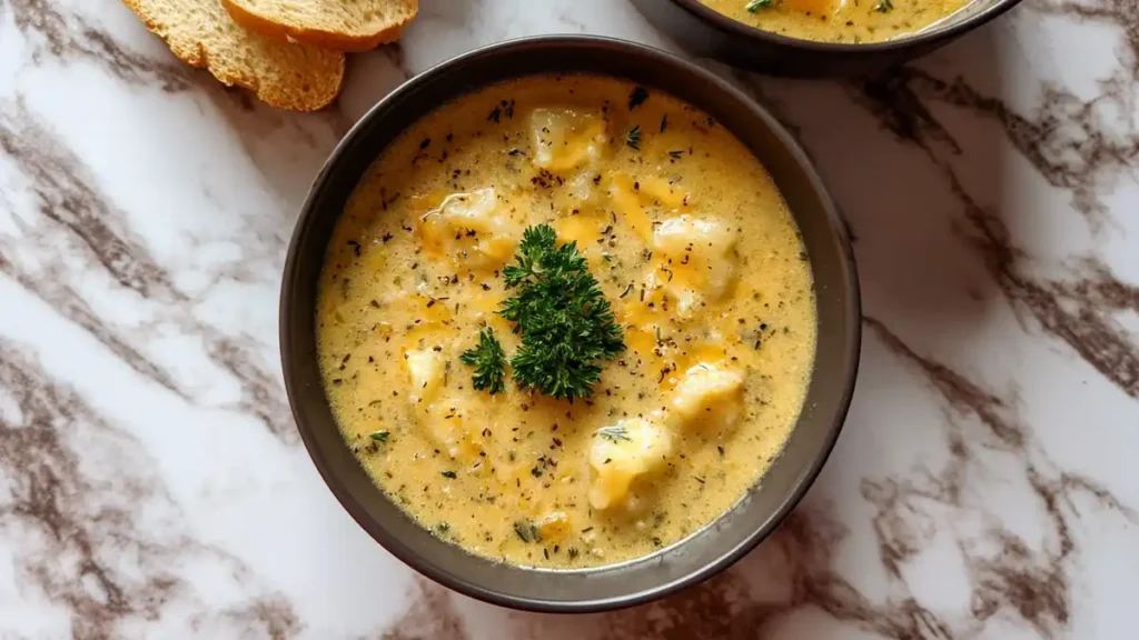 Hearty Cheddar Garlic Herb Potato Soup 4 creamy cheddar cauliflower soup with black pepper and parsley in black bowl