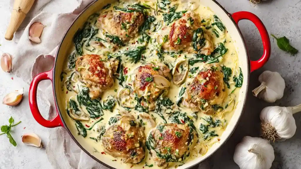 Creamy skillet of seared chicken thighs with garlic, spinach, and herbs in a white sauce