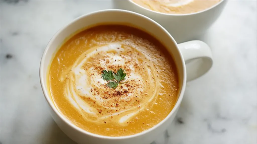 Cozy and Comforting Curried Butternut Squash Soup 4 creamy butternut squash soup with swirl of cream and cilantro in white mug