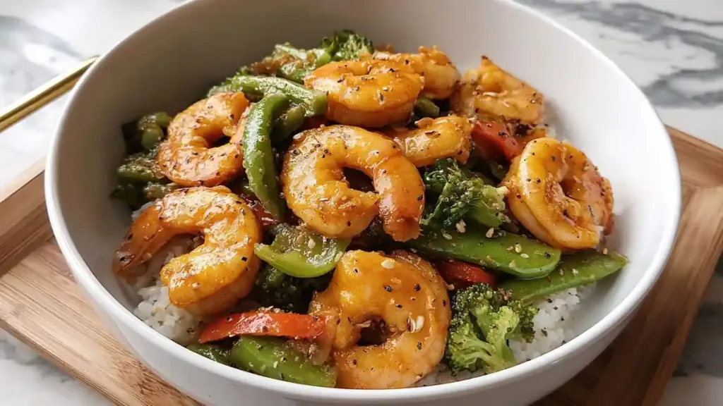 Spicy shrimp stir-fry with broccoli, snap peas, carrots over jasmine rice in a white bowl
