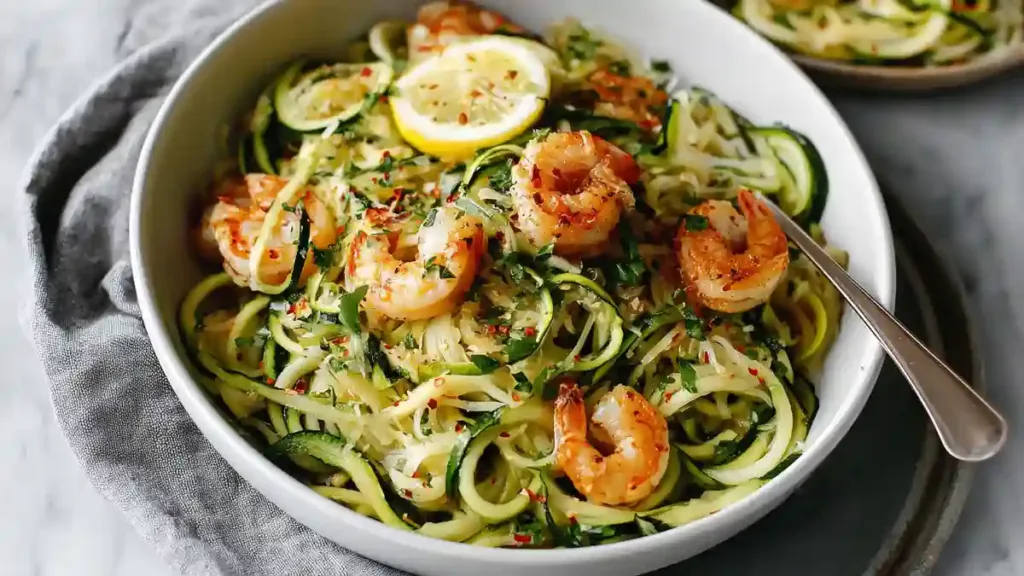 Garlic butter shrimp over zucchini noodles garnished with lemon slices and parsley