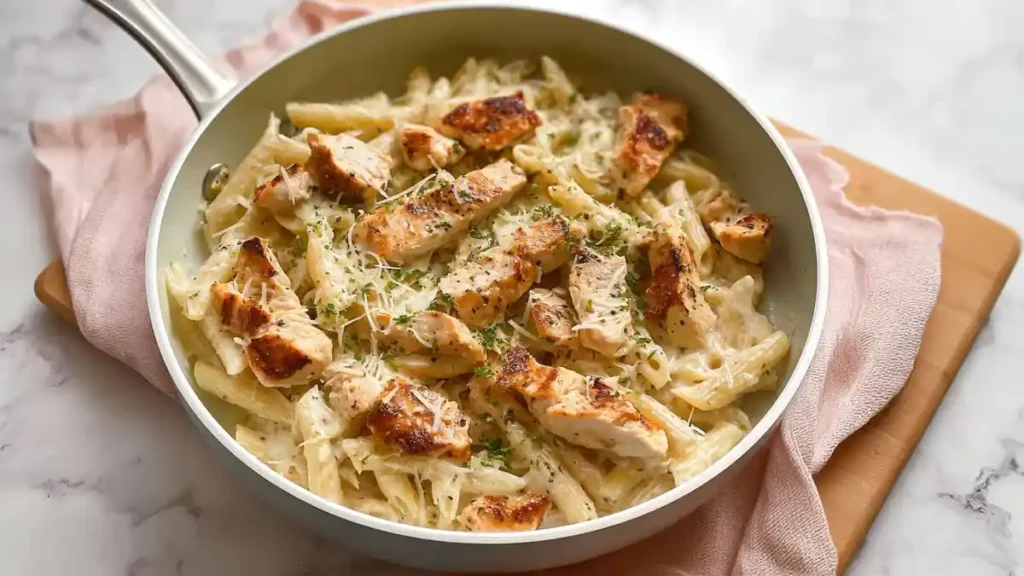 Garlic Parmesan Chicken Pasta 4 creamy penne pasta topped with grilled chicken and parmesan in skillet