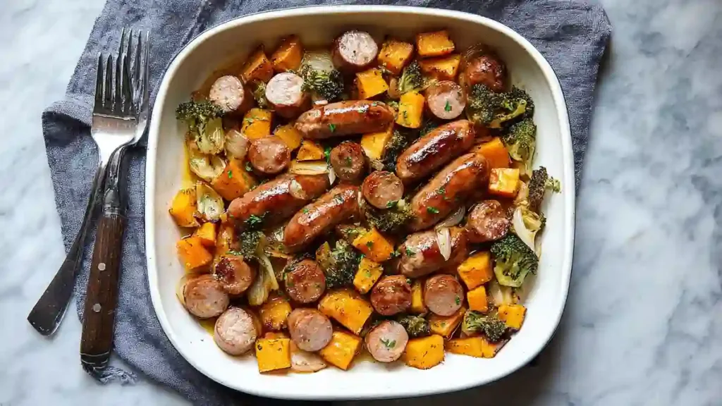 Roasted sausage tray bake with sweet potatoes, broccoli, and onions in a white dish