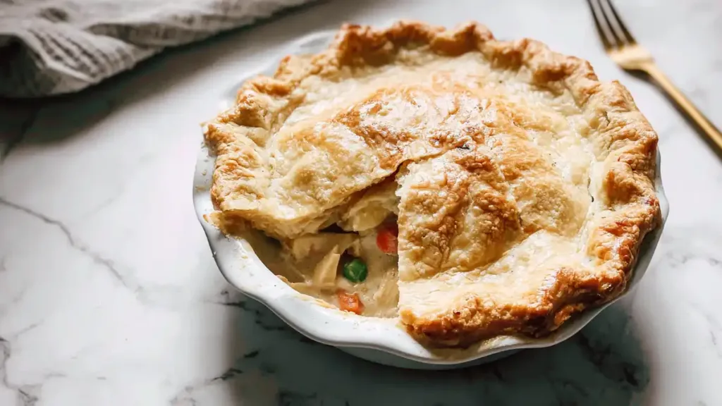 golden-brown chicken pot pie with flaky crust and creamy filling of peas and carrots