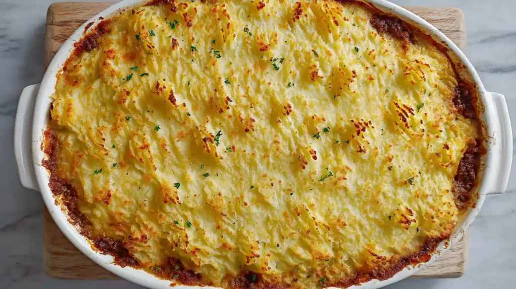 Cozy Comfort in a Dish: Delightful Cottage Pie 4 golden baked shepherd’s pie with mashed potato crust in white casserole