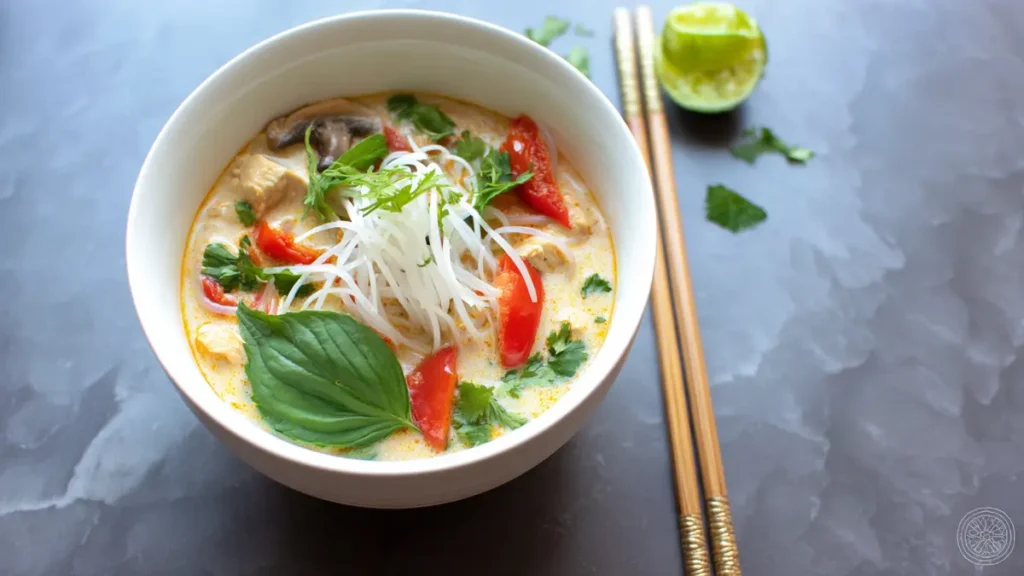 Crock Pot Thai Chicken Coconut Soup 4 thai coconut soup with noodles, red peppers, basil, mushrooms and lime in white bowl