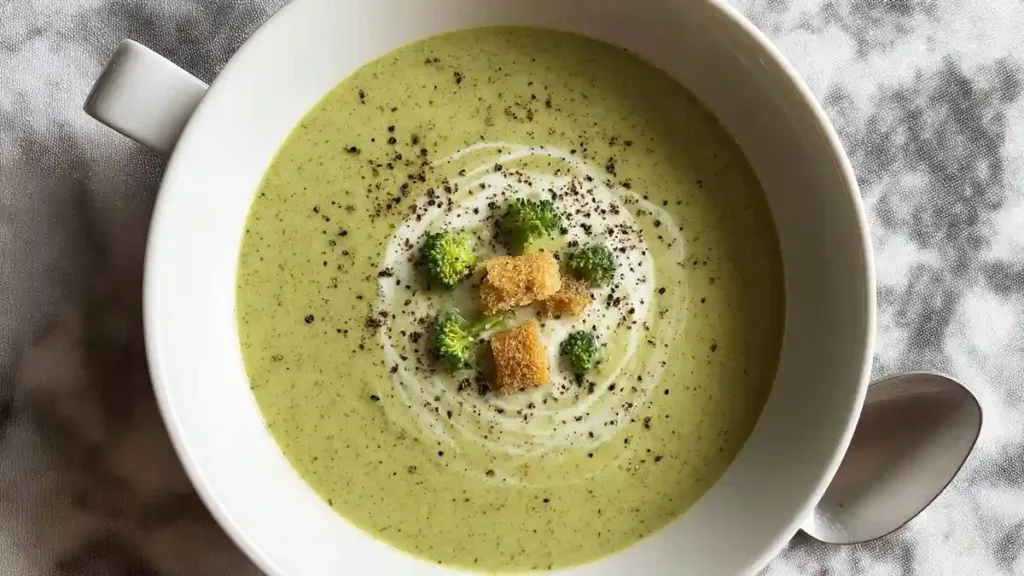 Creamy broccoli soup with a swirl of cream, pepper, croutons, and broccoli florets in a white bowl