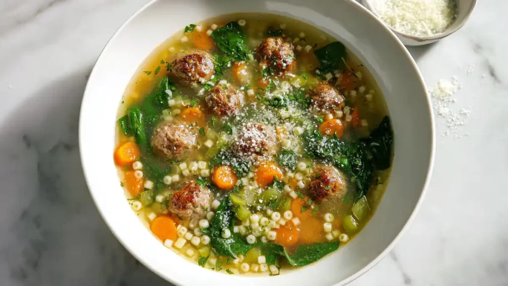 Italian Wedding Soup 3 italian wedding soup with meatballs, spinach, carrots, and pasta in clear broth