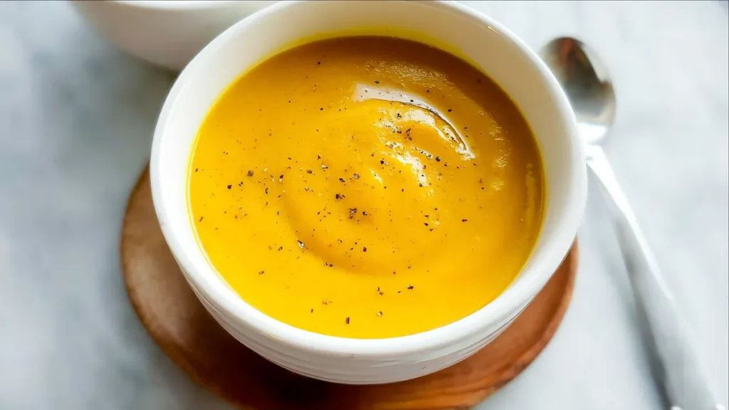 Roasted Butternut Squash Soup 4 smooth butternut squash soup with black pepper in white bowl