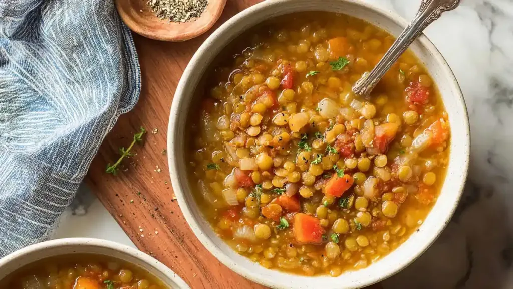 bowl of lentil soup with carrots, tomatoes, and herbs