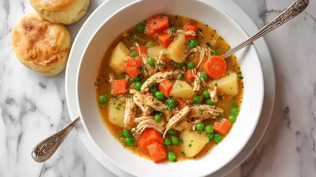 Slow Cooker Chicken Stew 4 bowl of chicken stew with carrots, peas, and potatoes served with biscuits