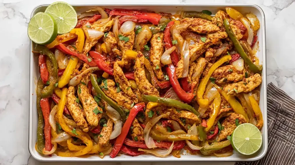 Sheet Pan Chicken Fajitas 4 sheet pan chicken fajitas with red, yellow, and green bell peppers and limes
