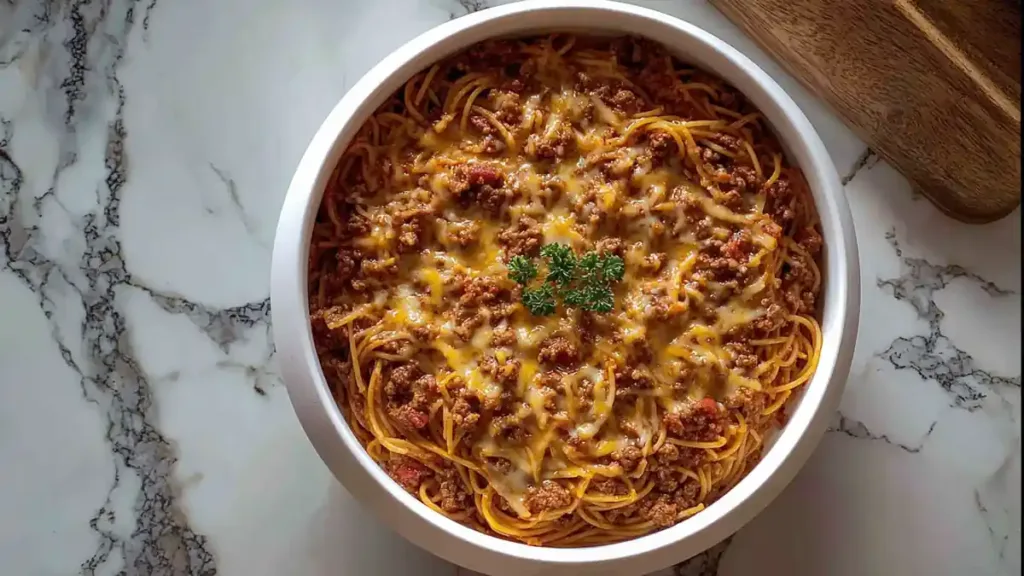 Baked spaghetti topped with cheesy ground beef meat sauce in a round white dish