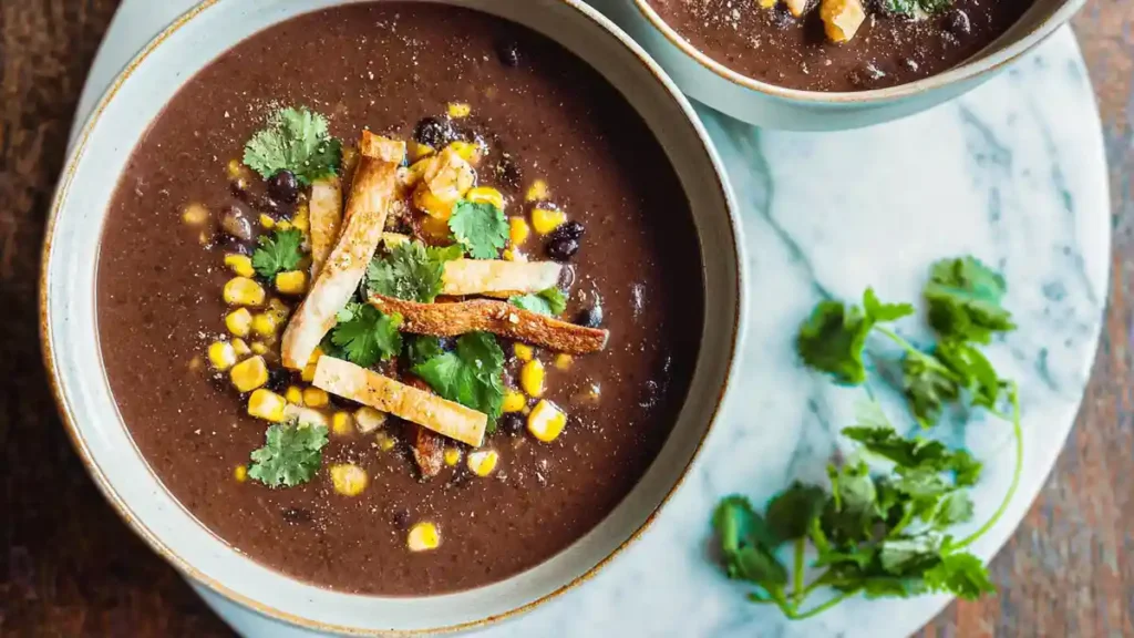 Mexican Black Bean Soup 4 hearty black bean soup topped with tortilla strips, corn and cilantro