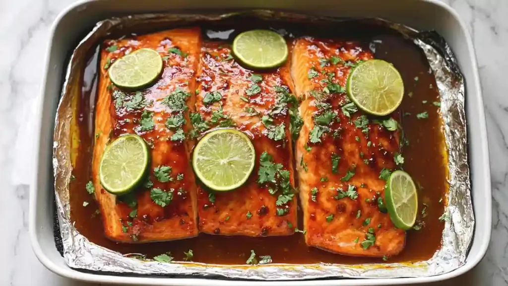 honey lime glazed salmon fillets with lime slices and cilantro in baking dish