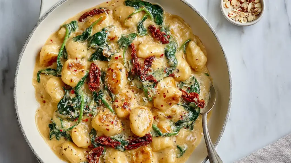 Creamy Gnocchi Recipe 4 creamy gnocchi in sauce with spinach and sun-dried tomatoes in skillet