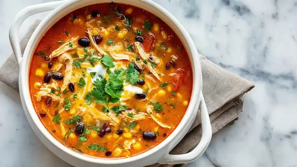 Chicken Enchilada Soup 4 spicy chicken tortilla soup with black beans, corn, and sour cream