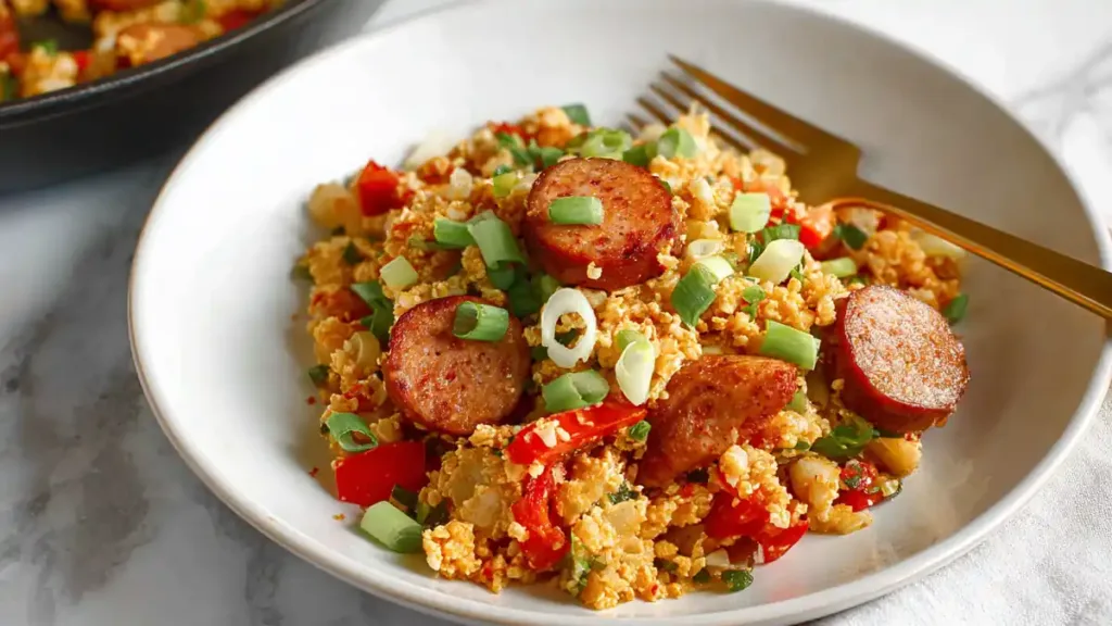 Scrambled eggs with sausage slices, red peppers, onions, and scallions