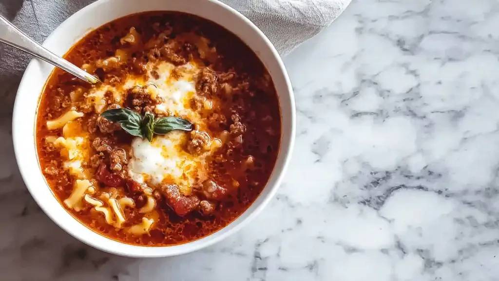 Bowl of lasagna soup with melted mozzarella, basil, and ground beef
