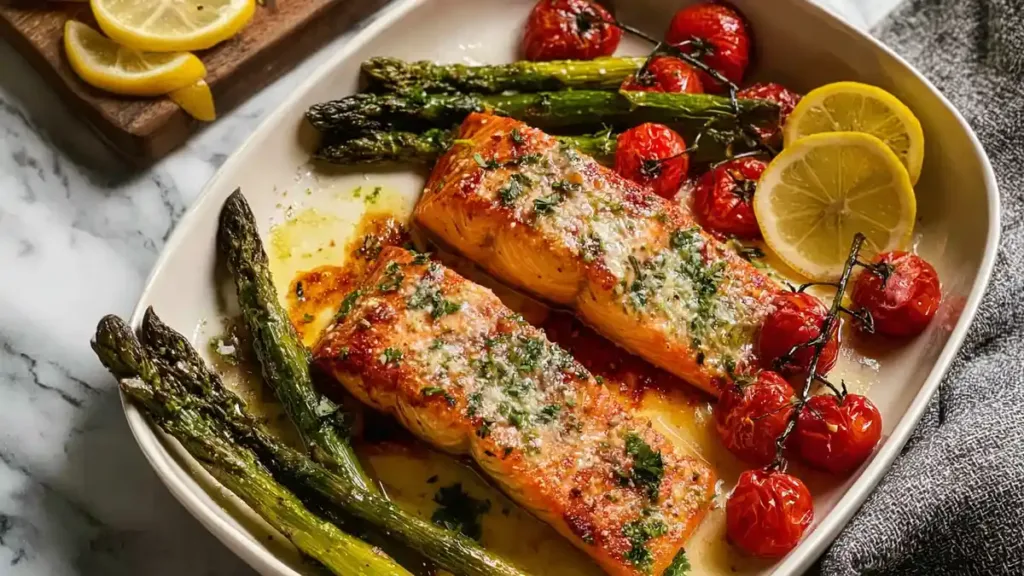baked garlic butter salmon with roasted cherry tomatoes, asparagus, and lemon slices