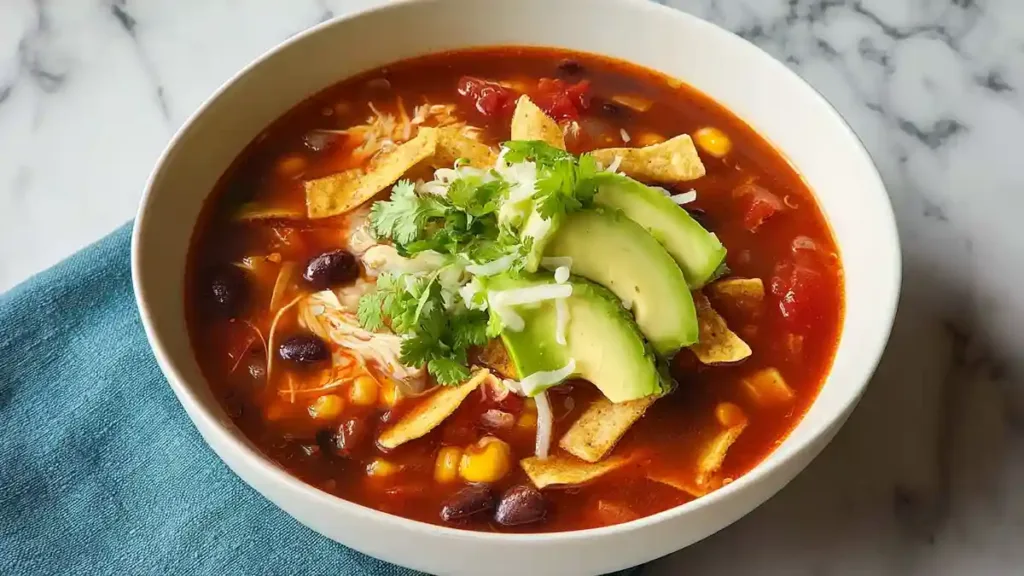 Chicken tortilla soup topped with avocado slices, cheese, cilantro, and crispy tortilla strips
