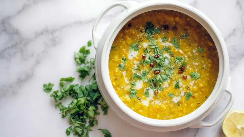 Cozy Lemon & Coconut Red Lentil Dal 4 yellow moong dal curry topped with cilantro and tempered spices in white pot