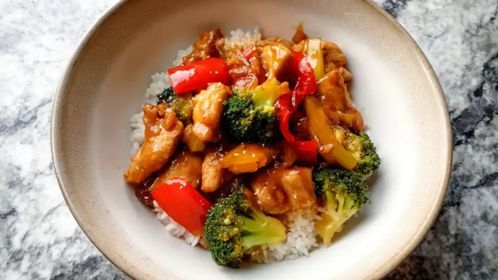 chicken stir-fry with bell peppers, broccoli, and rice in savory brown sauce