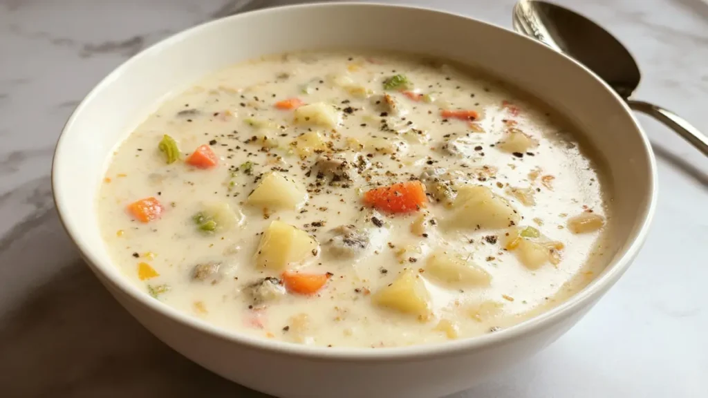 My Best Clam Chowder 4 creamy clam chowder with diced potatoes, carrots, and black pepper in white bowl
