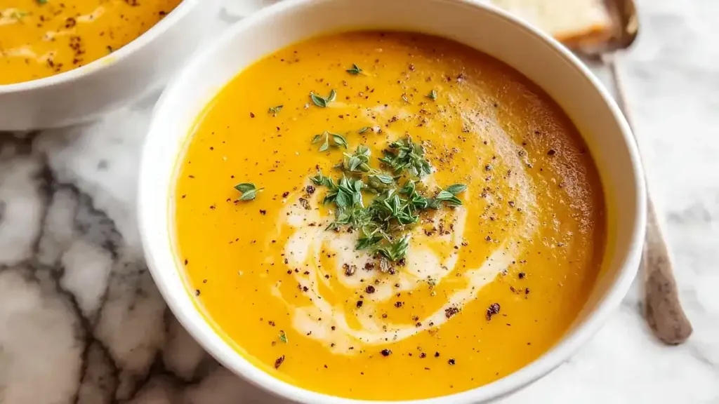 carrot ginger soup with cream swirl and thyme in white bowl
