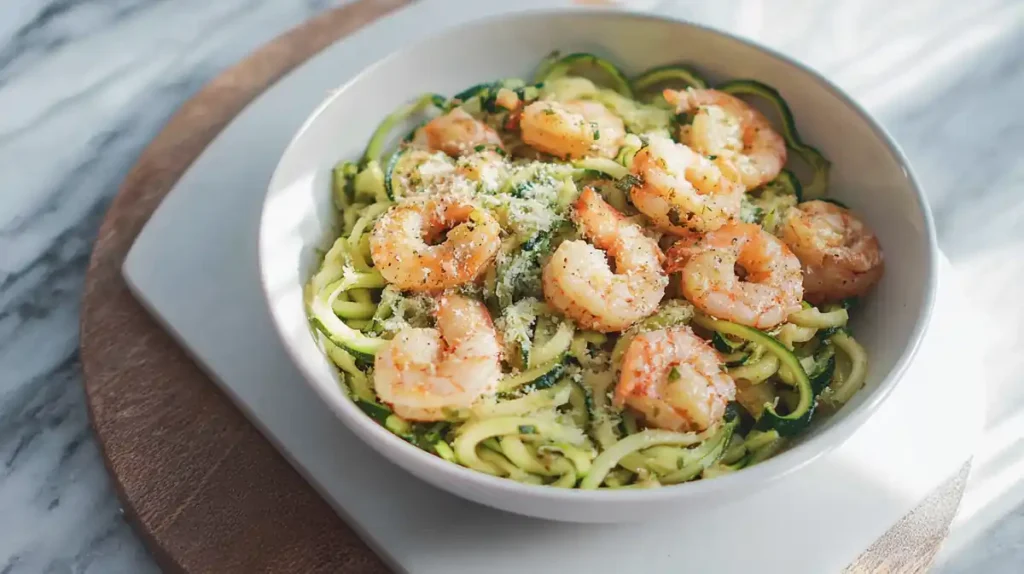 Garlic Parmesan Zucchini Noodles with Shrimp 4 bowl of garlic shrimp over zucchini noodles topped with parmesan cheese