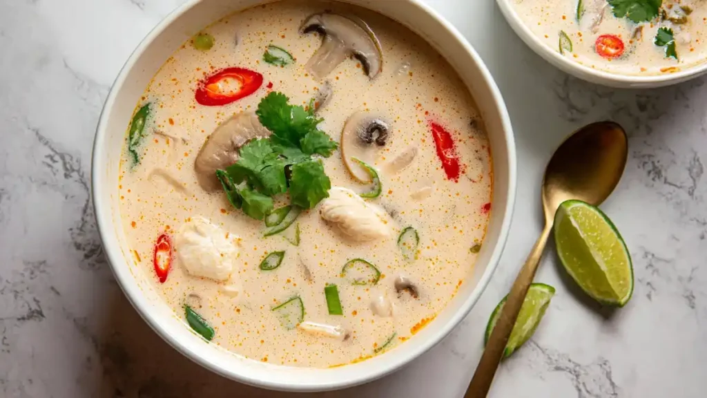 Slow Cooker Tom Kha Soup Recipe 4 creamy tom kha gai soup with chicken, mushrooms, cilantro and chili in white bowl