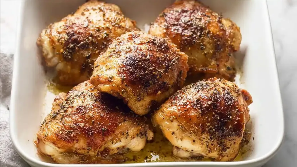 five crispy baked chicken thighs in white dish with herbed seasoning