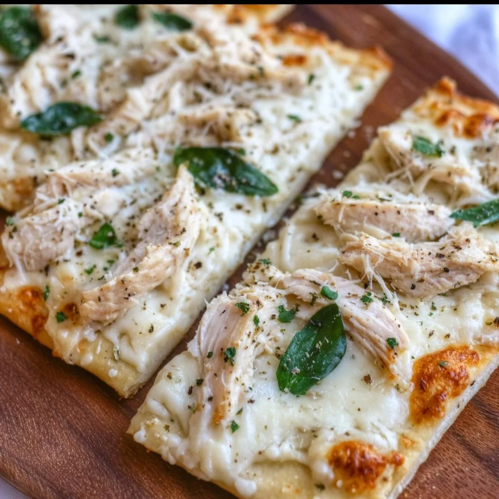 Delicious Chicken Alfredo Flatbread topped with grilled chicken and creamy sauce