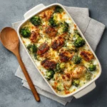 cheesy broccoli rice casserole with golden breadcrumb topping in a white baking dish